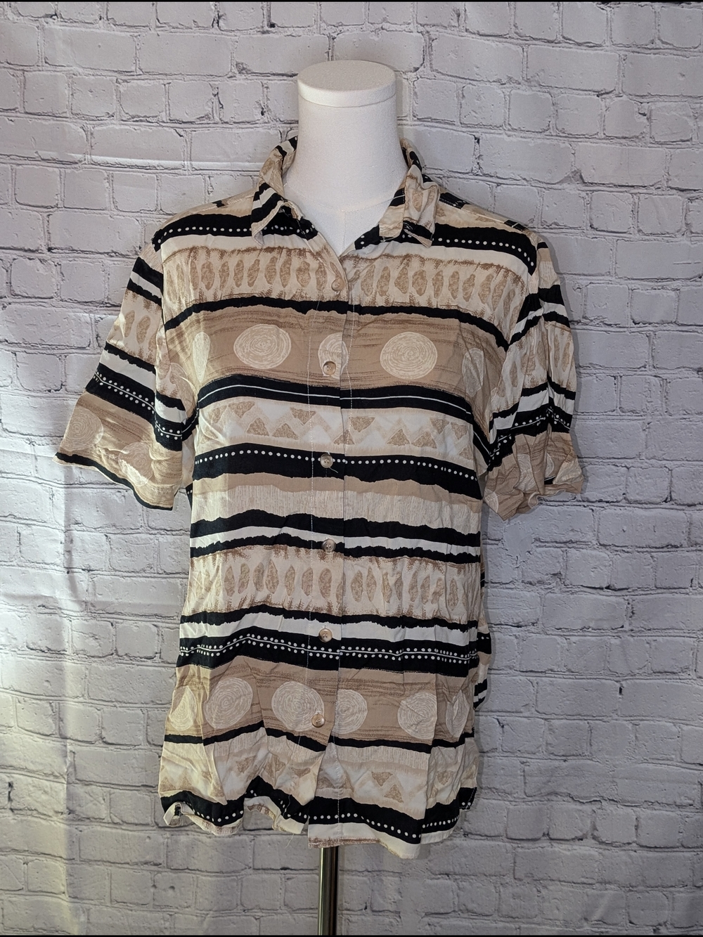Alford Dunn Beige & Black Striped Short Sleeve Button Front Shirt Size 12
